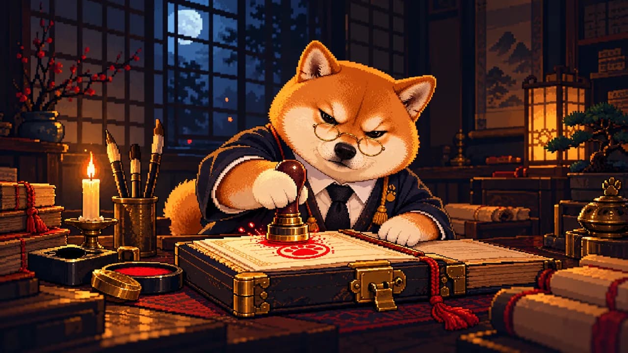 Hanko stamping his seal onto a bound ledger by candlelight